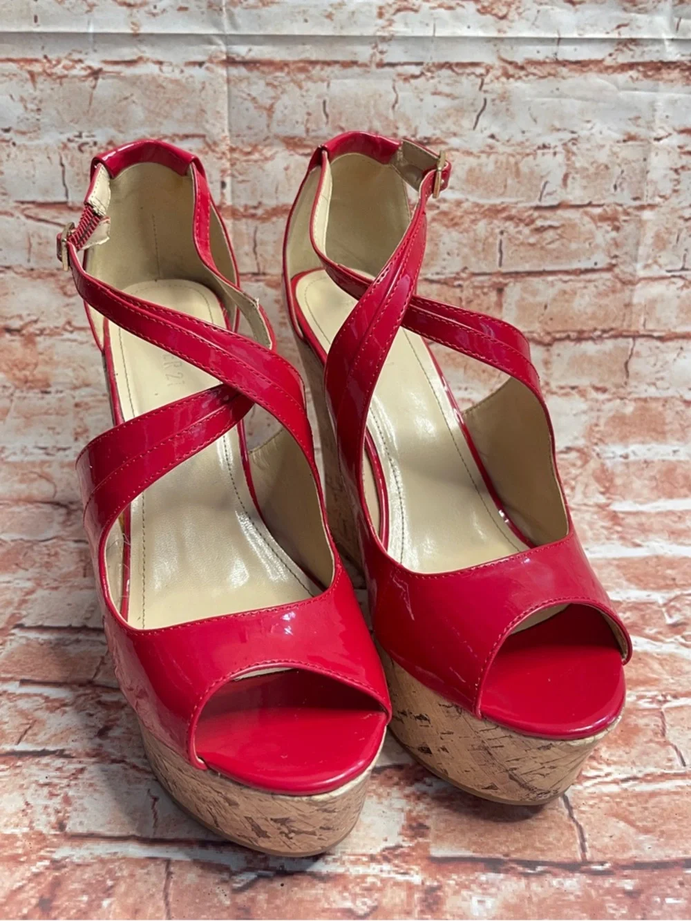 Forever 21 Red Peep Toe Ulta High Patent Leather Wedges with Cork Platform